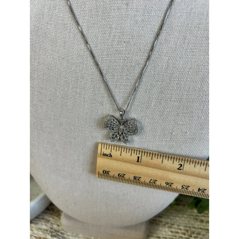 Silver 925 Filigree Butterfly Pendant Necklace Pave Crystal Box Chain 18 Inch